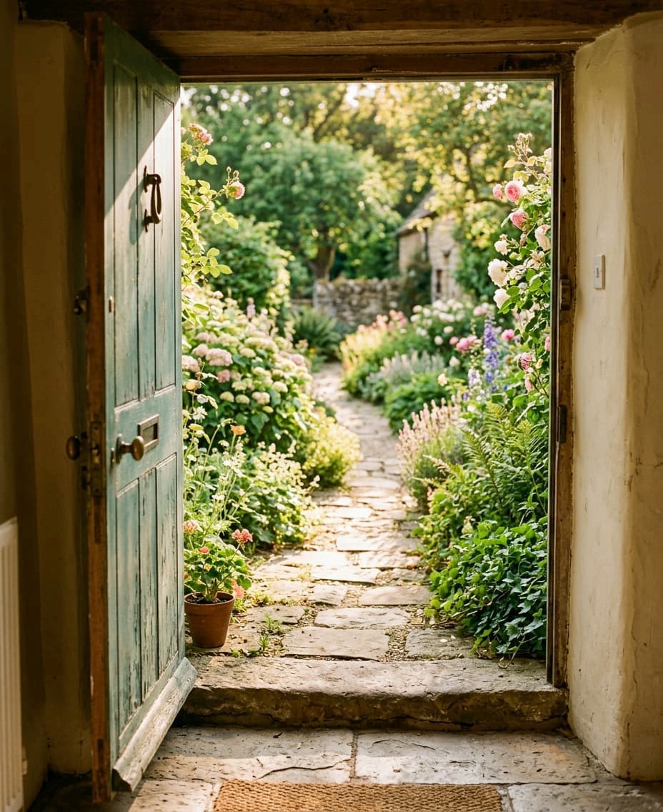 An open green door leading to a sunlit garden path , the beginning of a journey with God